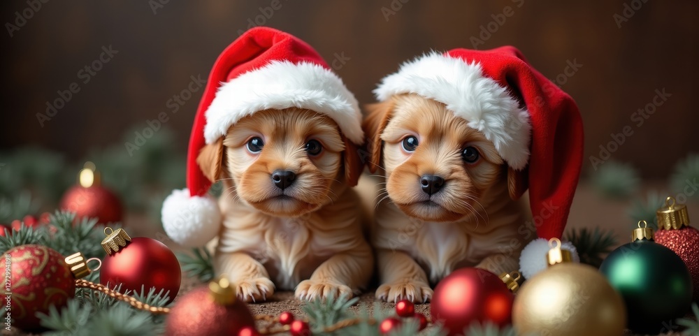 Adorably cute puppies in Santa hats surrounded by festive ornaments, perfect for holiday promotions, greeting cards, or pet-themed marketing. Adorably cute puppies in Santa hats surrounded by festive ornaments, perfect for holiday promotions, greeting cards, or pet-themed marketing.