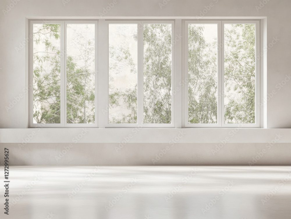 Fototapeta premium Modern interior with large windows showcasing natural light and greenery outside