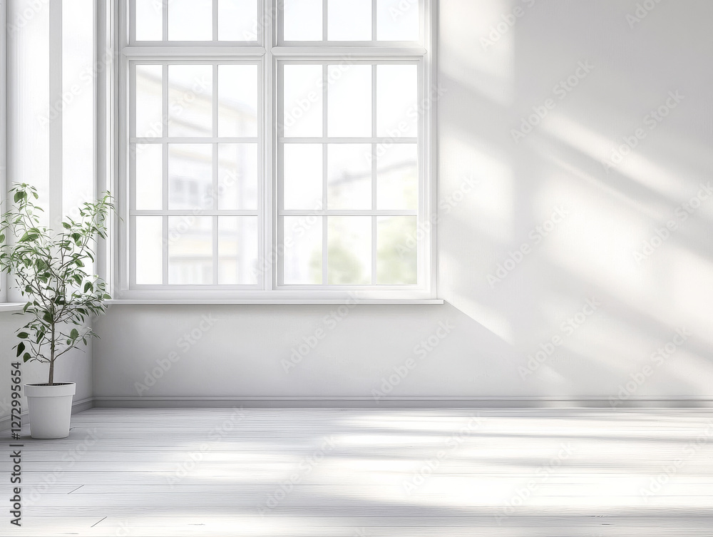 Fototapeta premium Spacious interior with natural light filtering through large windows and a potted plant