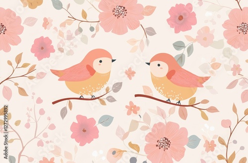 Lovely Birds in Floral Embrace: Two charming birds perch delicately on flowering branches within a soft, pastel-colored floral pattern. Ideal for conveying themes of romance, spring.