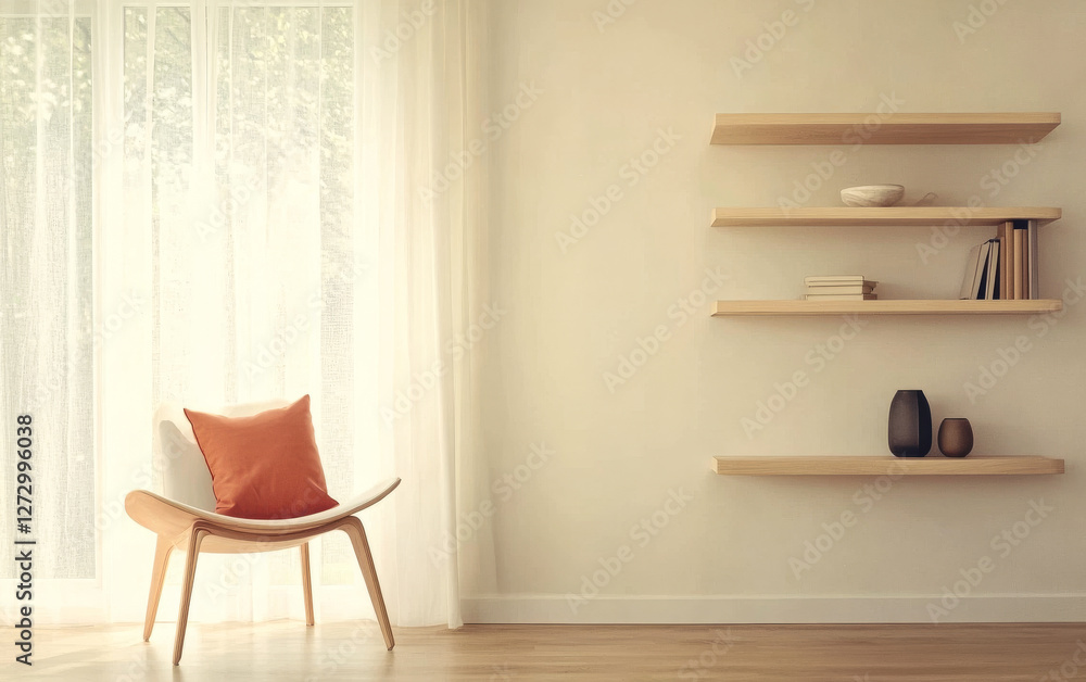 Fototapeta premium Cozy minimalist living room with wooden chair and shelves in bright sunlight