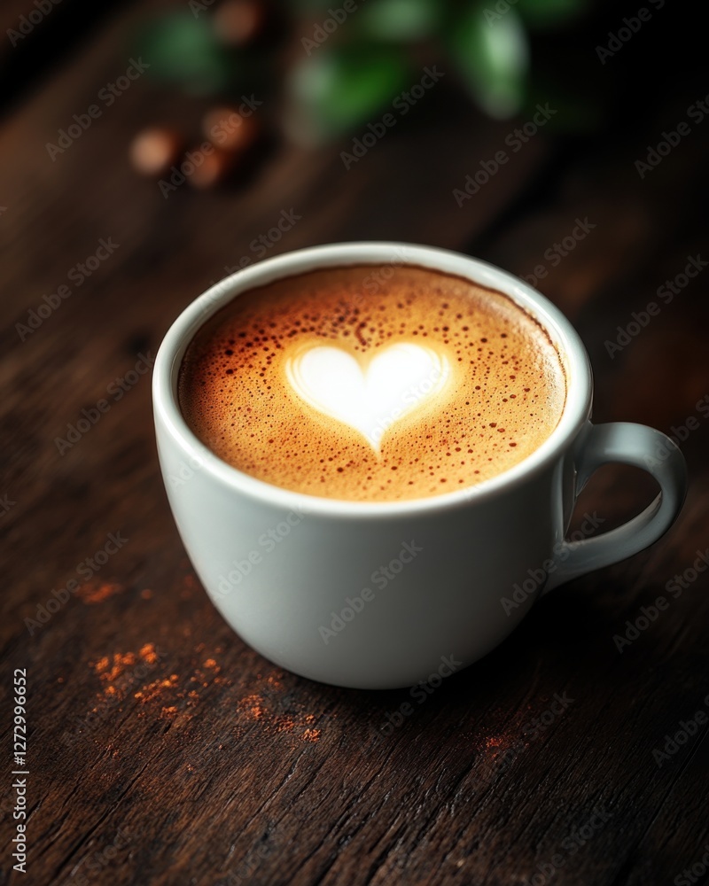 Rich coffee served in a white cup with heart-shaped froth on wooden table in a cozy cafe during morning hours Rich coffee served in a white cup with heart-shaped froth on wooden table in a cozy cafe during morning hours
