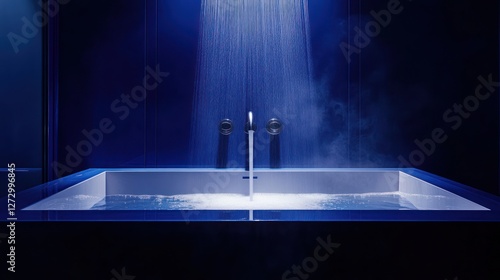 Blue bathroom, water filling bathtub, shower overhead, relaxation photo