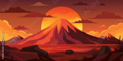 Volcanic landscape at sunset showcasing vivid orange and red hues above mountains