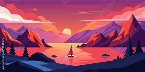 Stunning fjords landscape at sunset with sailboat and mountains in distance