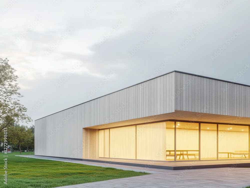Modern building with large windows situated in a green park setting during twilight Modern building with large windows situated in a green park setting during twilight