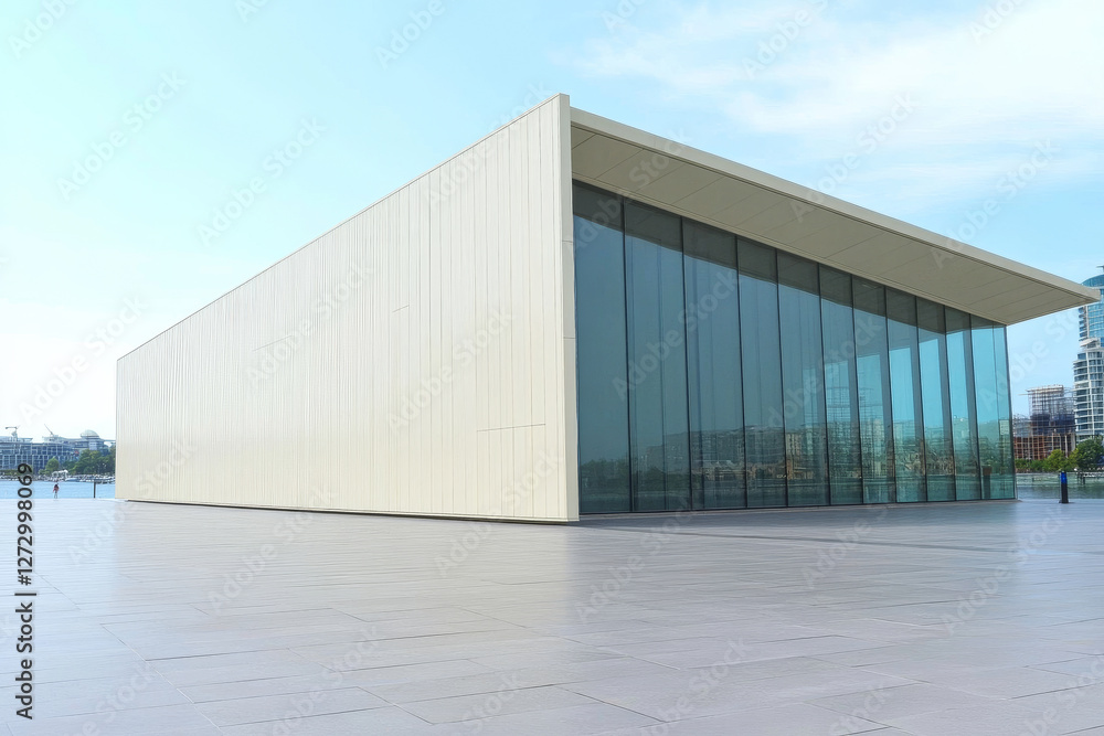 Obraz premium Modern architectural structure with large glass windows in urban setting during daylight