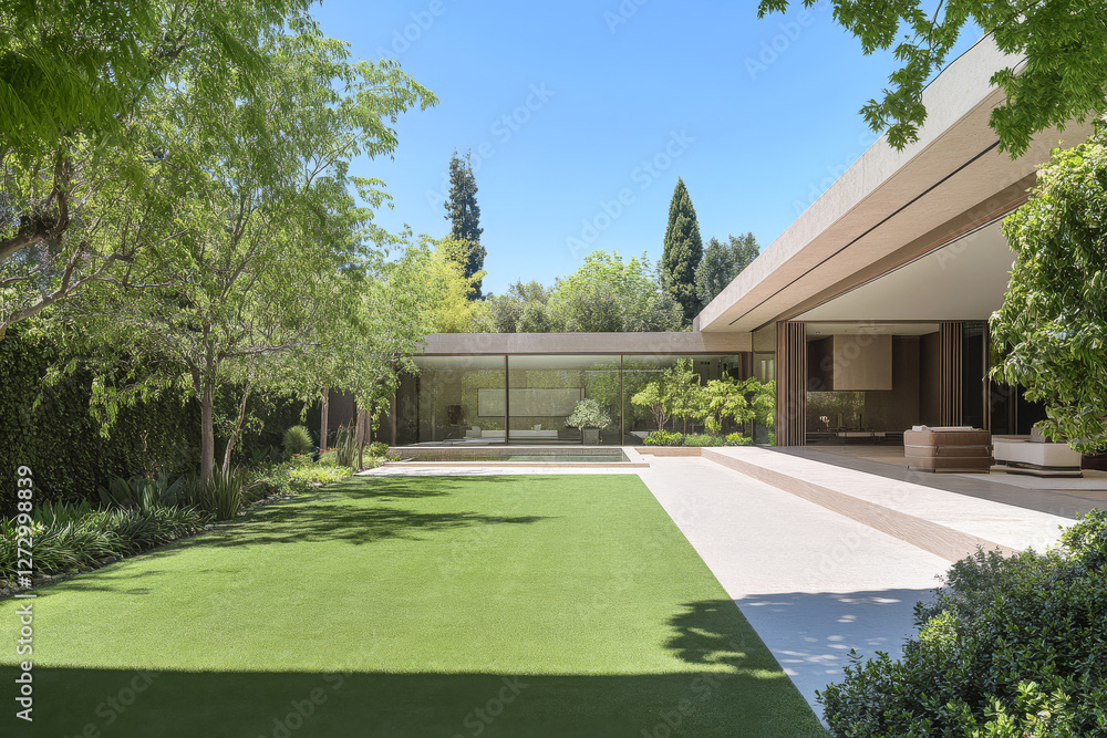 Modern garden with lush greenery and open architecture in bright daylight Modern garden with lush greenery and open architecture in bright daylight