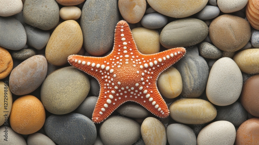 Vibrant Orange Starfish on Smooth Pebbles in a Coastal Nature Scene Vibrant Orange Starfish on Smooth Pebbles in a Coastal Nature Scene