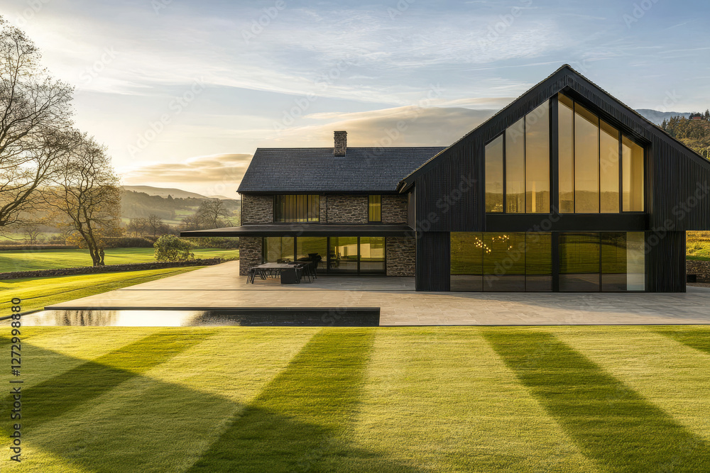 Obraz premium Modern hillside house with expansive windows and manicured lawn in tranquil landscape