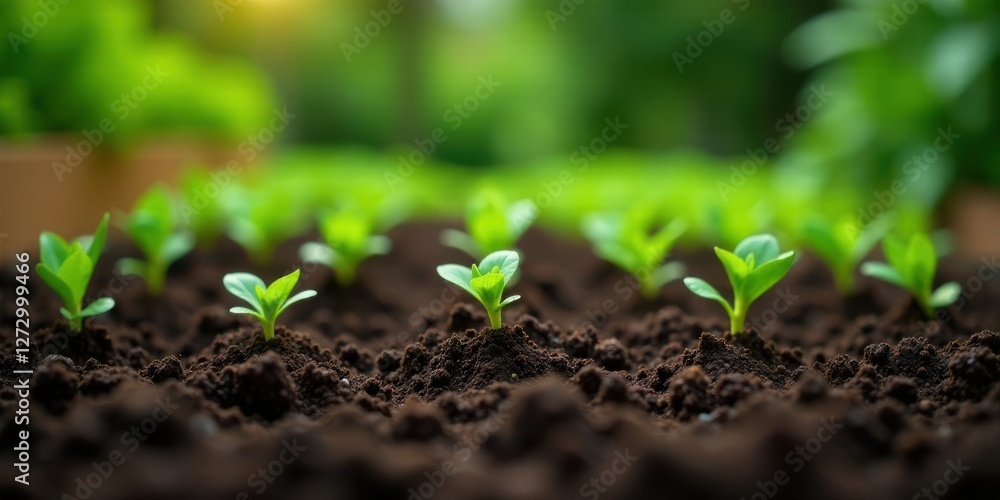 A close-up view of vibrant green seedlings emerging from rich, dark soil, symbolizing growth, renewal, and the promise of a bountiful harvest. A close-up view of vibrant green seedlings emerging from rich, dark soil, symbolizing growth, renewal, and the promise of a bountiful harvest.