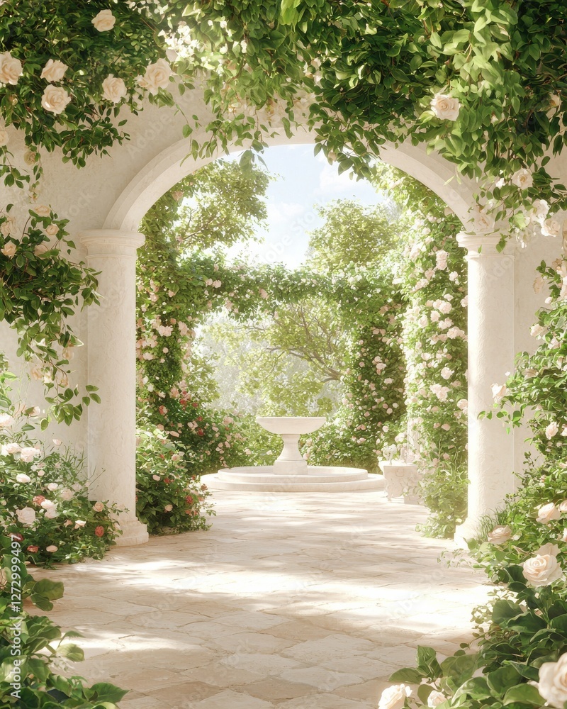 Fototapeta premium Serene garden pathway enchanted garden natural light perspective tranquility