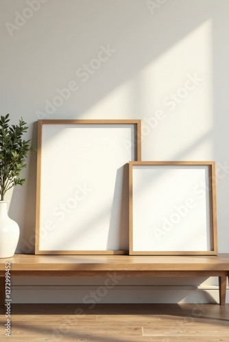 Minimalist interior design featuring two empty wooden frames on a light oak bench bathed in sunlight