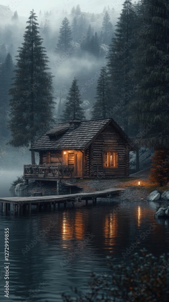 Fototapeta premium Cozy fishermans cabin by the lake surrounded by misty pine trees. Generative AI
