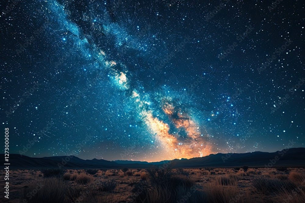 majestic view of the Milky Way stretching across the night sky above a desert landscape majestic view of the Milky Way stretching across the night sky above a desert landscape