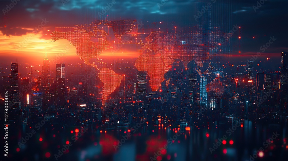 Naklejka premium multi exposure of abstract digital world map hologram overlaying new york city skyscrapers representing global research and analytics concepts