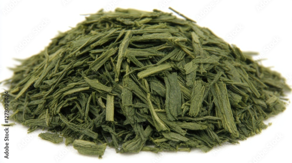 Dried Green Tea Leaves Piled on White Surface for Herbal Infusion and Culinary Uses Dried Green Tea Leaves Piled on White Surface for Herbal Infusion and Culinary Uses