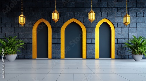 Three arched doorways and hanging lamps adorn a stylish room