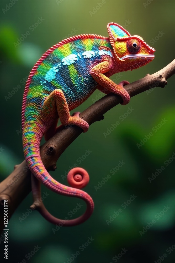 Fototapeta premium Vibrant Chameleon Perched on a Branch, Displaying Striking Scales and a Curled Tail in Lush Foliage