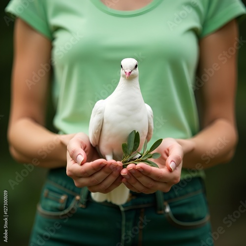 Person holds White Dove with Olive branch in the hands. International day living together in Peace. Stop War theme for social media greeting card brochure flyer cover. White Dove in woman hands. 
