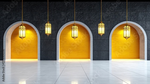 Decorative lanterns hang inside arches against a textured black wall