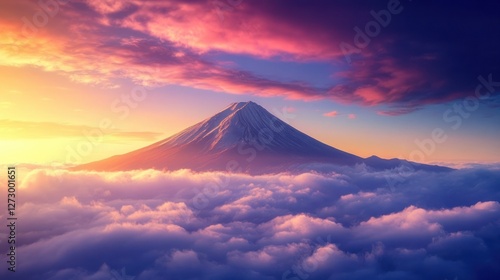 Majestic Mount Fuji sunrise, cloudscape, Japan, peaceful scene, travel poster