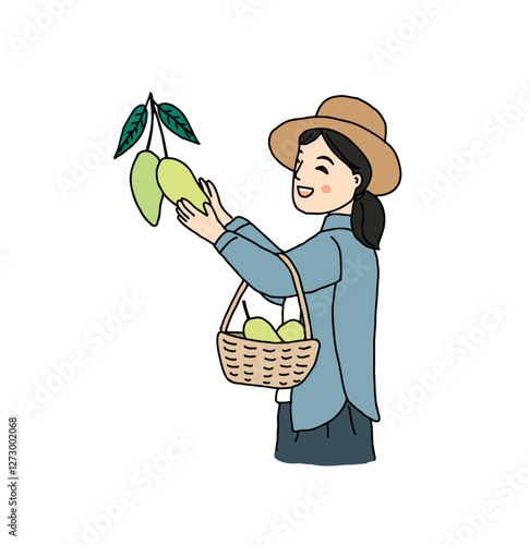 Happy farmer harvesting mango, hand drawn style vector illustration
