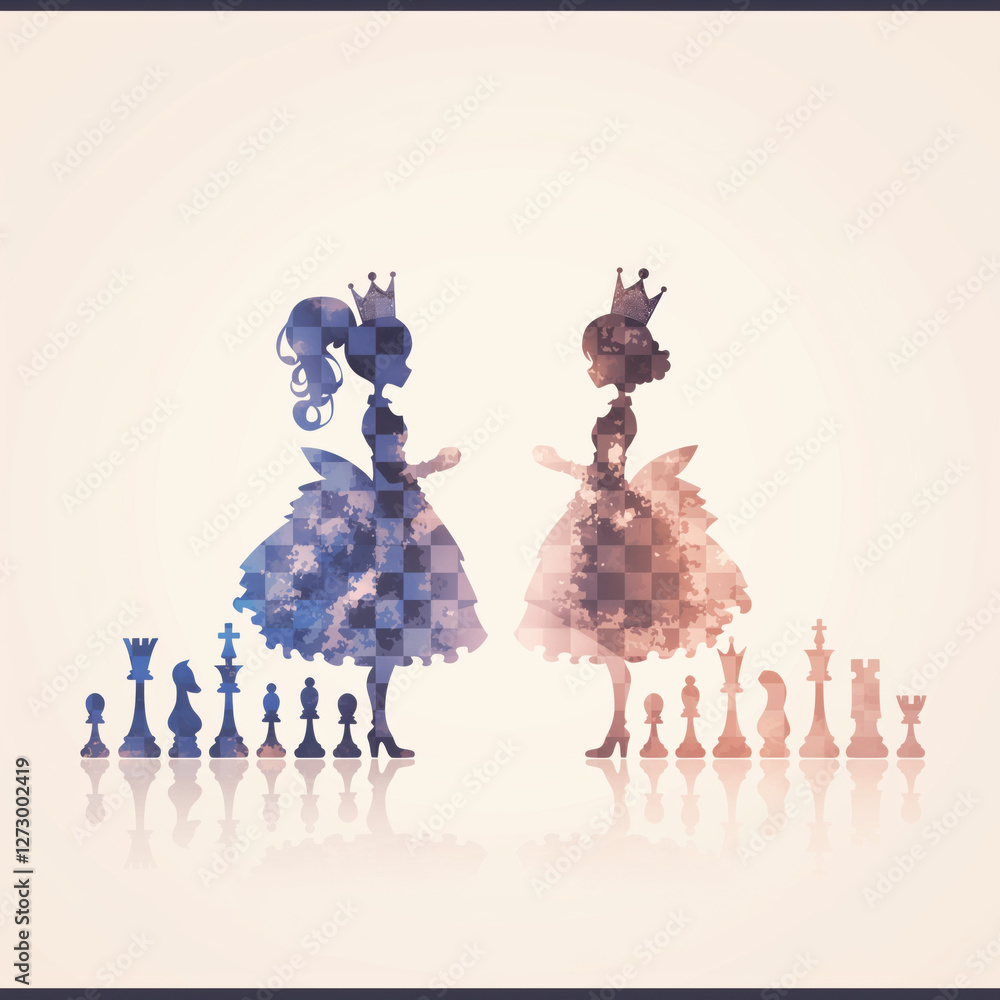 Fototapeta premium Concepto, dos reinas azul grisáceo, rosa malva, piezas de ajedrez, arte negociación enfrente una de la otra, resolver diferencias, buscar acuerdos, ilustrativo conflicto posiciones reglas, fondo claro