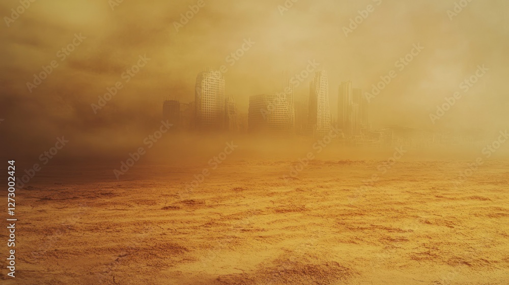 Obraz premium A hazy, dystopian city skyline shrouded in dust, with a desolate landscape in the foreground