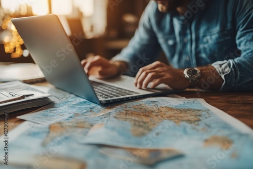 Obraz na płótnie Business Professional Working on Laptop with World Map, exploring global business opportunities, remote work planning, travel and technology w salonie