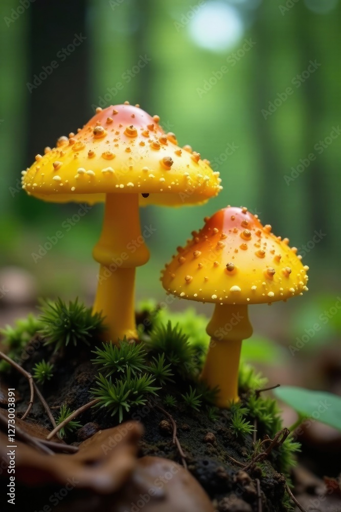Fototapeta premium Wild chanterelle mushrooms growing in the forest, forest, yellow, fungi