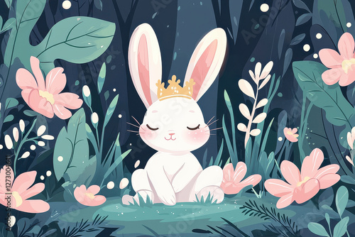 Wallpaper Mural Adorable bunny wearing tiny crown sitting among flowers in forest, watercolor illustration Style. Torontodigital.ca