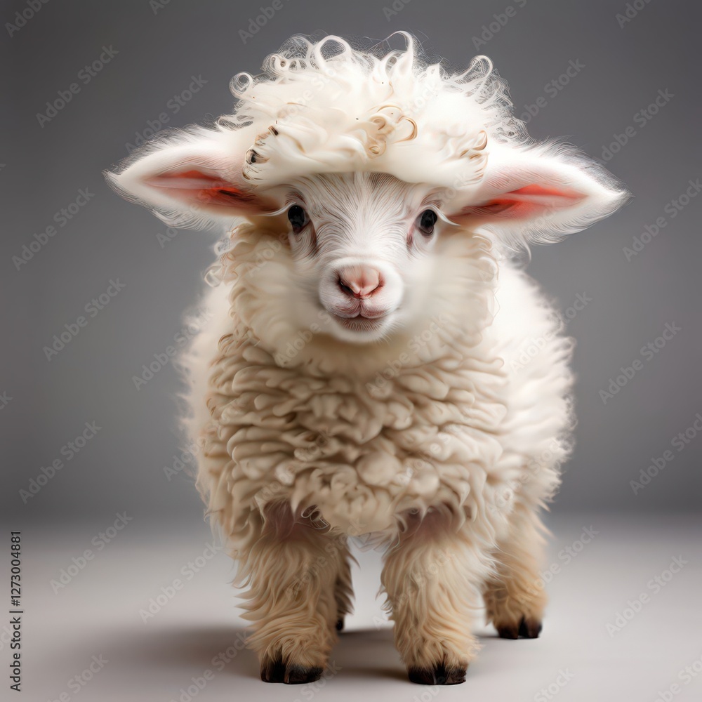 Fototapeta premium an AI Image Generator, Cute Curly-Wool Lamb Standing on Wooden