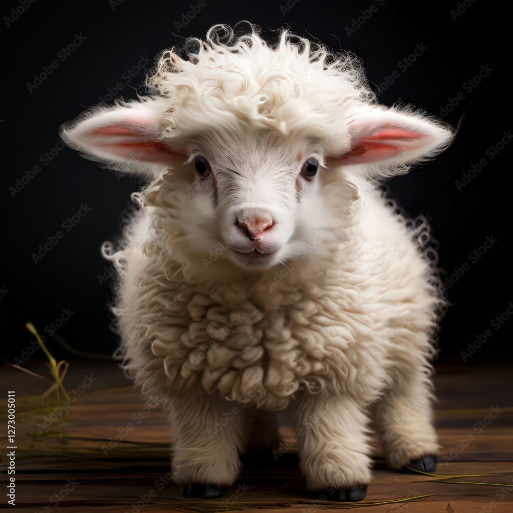 Fototapeta premium an AI Image Generator, Cute Curly-Wool Lamb Standing on Wooden