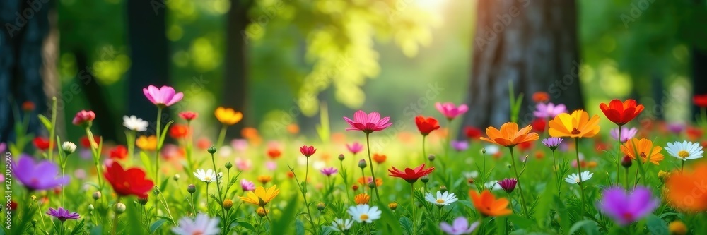 Wildflowers sway gently in the breeze amidst tall trees, colorful blooms, Wildflowers sway gently in the breeze amidst tall trees, colorful blooms,