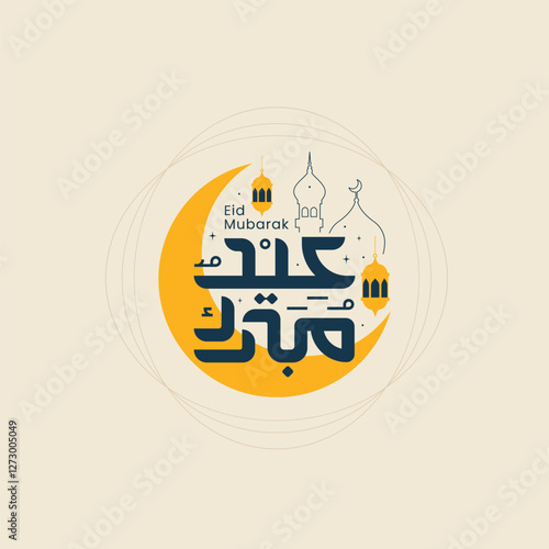 Eid Mubarak Greeting greeting card in arabic calligraphic style with crescent background