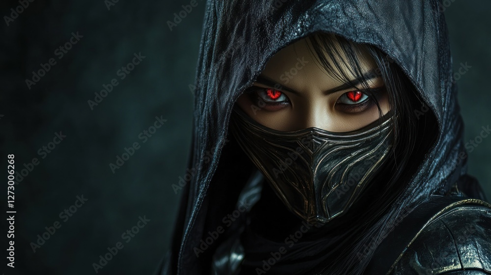 A mysterious figure in a dark hood with glowing red eyes, set against a shadowy background A mysterious figure in a dark hood with glowing red eyes, set against a shadowy background