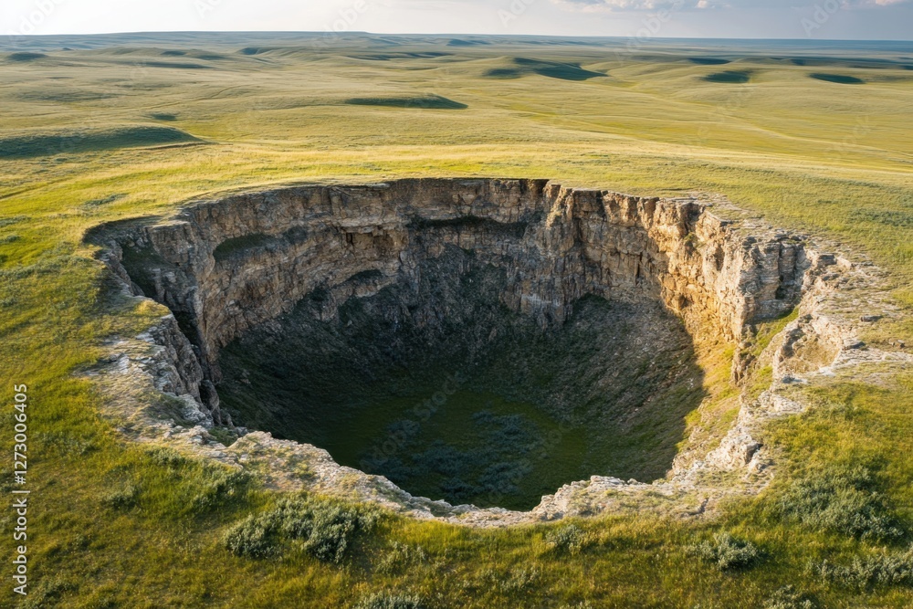 Sinkhole in a Green Farmland, ground depression and soil instability, rural exploration and earth science research