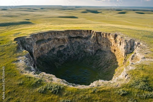 Obraz na płótnie Sinkhole in a Green Farmland, ground depression and soil instability, rural exploration and earth science research w salonie