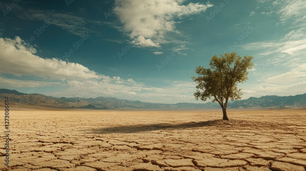 Isolated tree standing in a dry, cracked landscape under a vast blue sky with clouds Isolated tree standing in a dry, cracked landscape under a vast blue sky with clouds