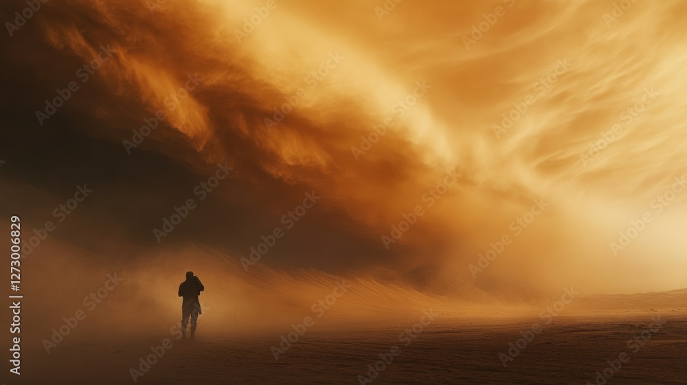 A solitary figure stands against a dramatic stormy sky, with swirling clouds and dust in the background A solitary figure stands against a dramatic stormy sky, with swirling clouds and dust in the background