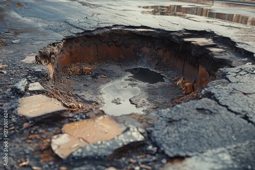 Sinkhole with Exposed Asphalt Layers, road collapse in urban area, infrastructure damage and erosion impact