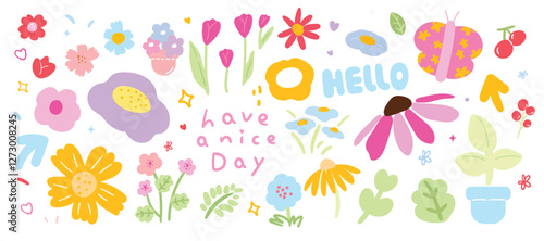Set of cute flower spring and summer element vector. Hand drawn collection of tulip, leaves, sunflower, butterfly, arrow, heart, cherry. Design for sticker, comic, print, decoration. 