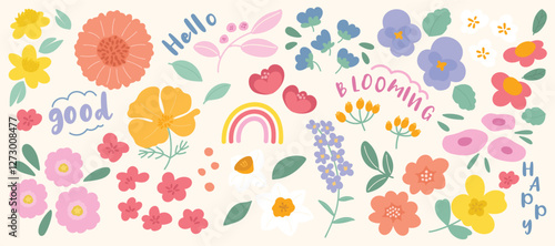 Set of cute flower spring and summer element vector. Hand drawn collection of tulip, leaves, sunflower, rainbow on white background. Design for sticker, comic, print, decoration. 