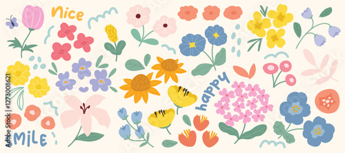 Set of cute flower spring and summer element vector. Hand drawn collection of tulip, leaves, sunflower, butterfly on white background. Design for sticker, comic, print, decoration.