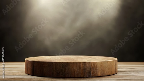 Round wooden podium with rustic texture and smoky background