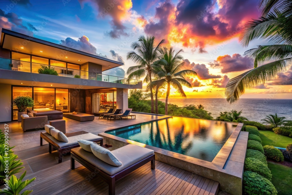 Fototapeta premium Modern tropical villa: sunset photography captures serene luxury, your dream vacation awaits.