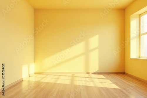 Sunlight Illuminates an Empty Room with Light Yellow Walls and Light Wood Flooring, Offering a Serene and Spacious Atmosphere