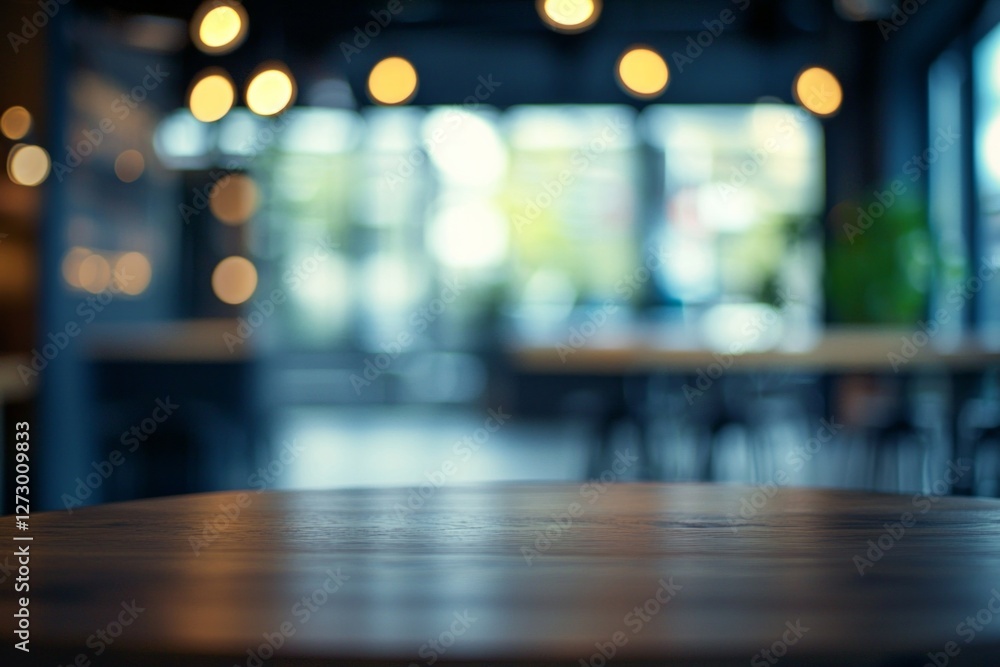 A close-up of an empty table in the foreground, with a blurry office background, blurred focus, and bokeh lights. A close-up of an empty table in the foreground, with a blurry office background, blurred focus, and bokeh lights.