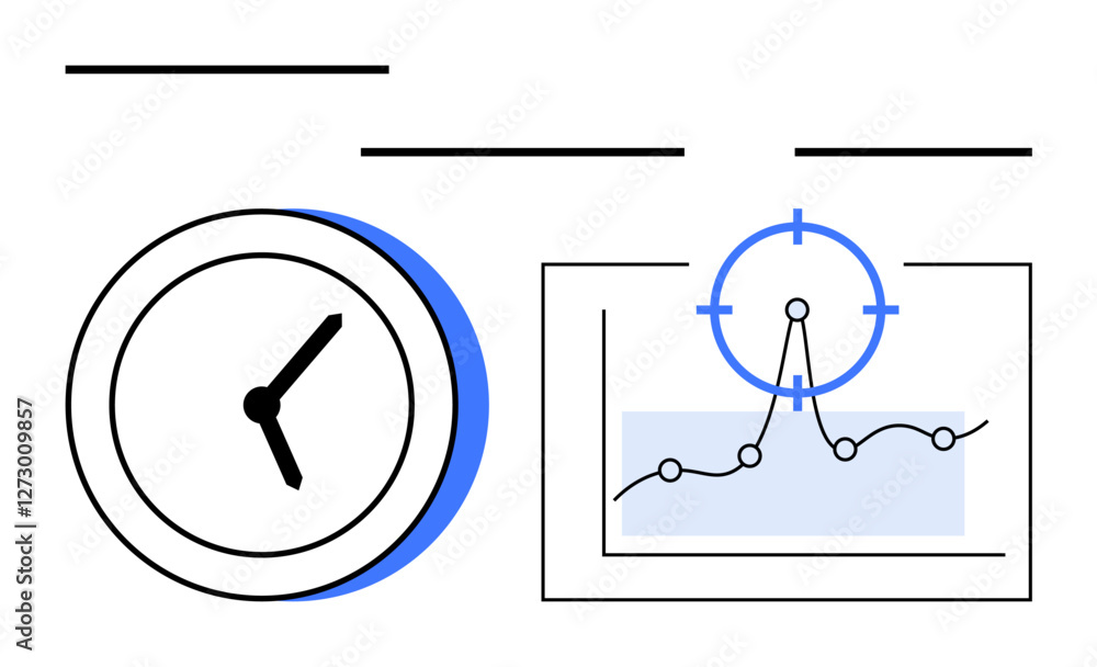 Clock and analytics graph with target focus icon represent efficiency, scheduling, and goal-setting. Ideal for productivity, deadlines, project management, analysis, planning, strategy abstract line Clock and analytics graph with target focus icon represent efficiency, scheduling, and goal-setting. Ideal for productivity, deadlines, project management, analysis, planning, strategy abstract line